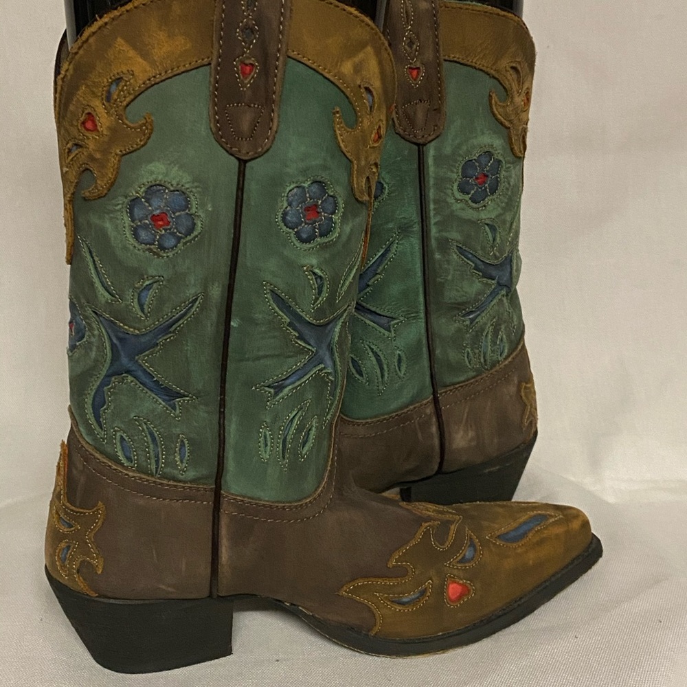 Dan Post Brown and Teal Embroidered Western Heeled Boots. - Picture 15 of 16